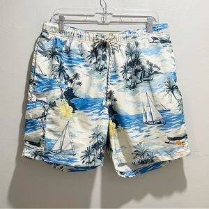 TOMMY BAHAMA Women’s White Blue Tropical Print Sailboats Cargo Swim Trunks Sz L